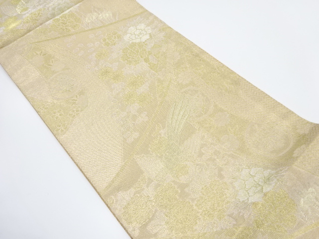 几帳に尾長鳥・花車模様織り出し　袋帯